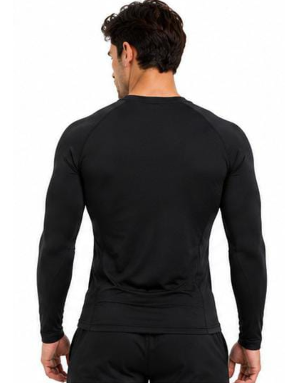 A man viewed from the back wearing a black long-sleeve athletic shirt and matching black pants against a plain white background.
