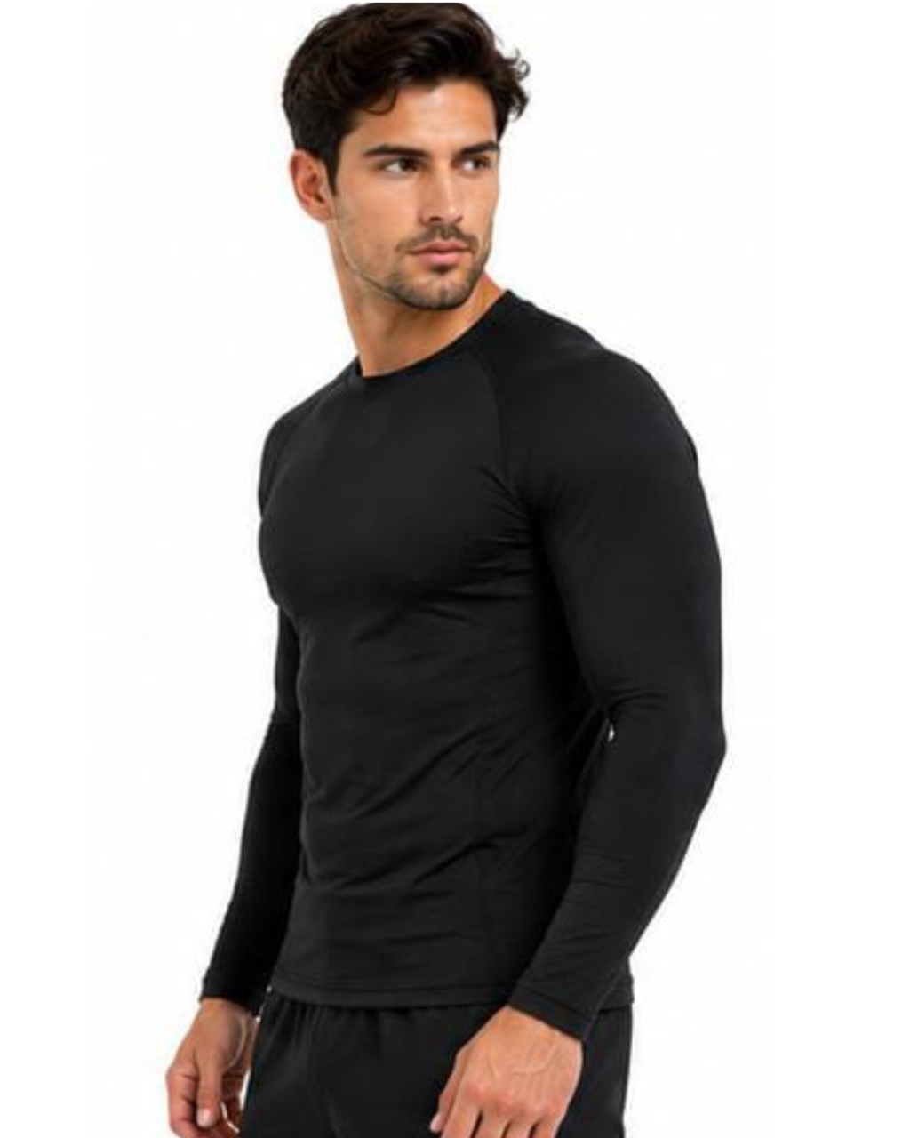 A man wearing a tight-fitting black long-sleeve crewneck shirt, shown from the waist up against a plain white background.