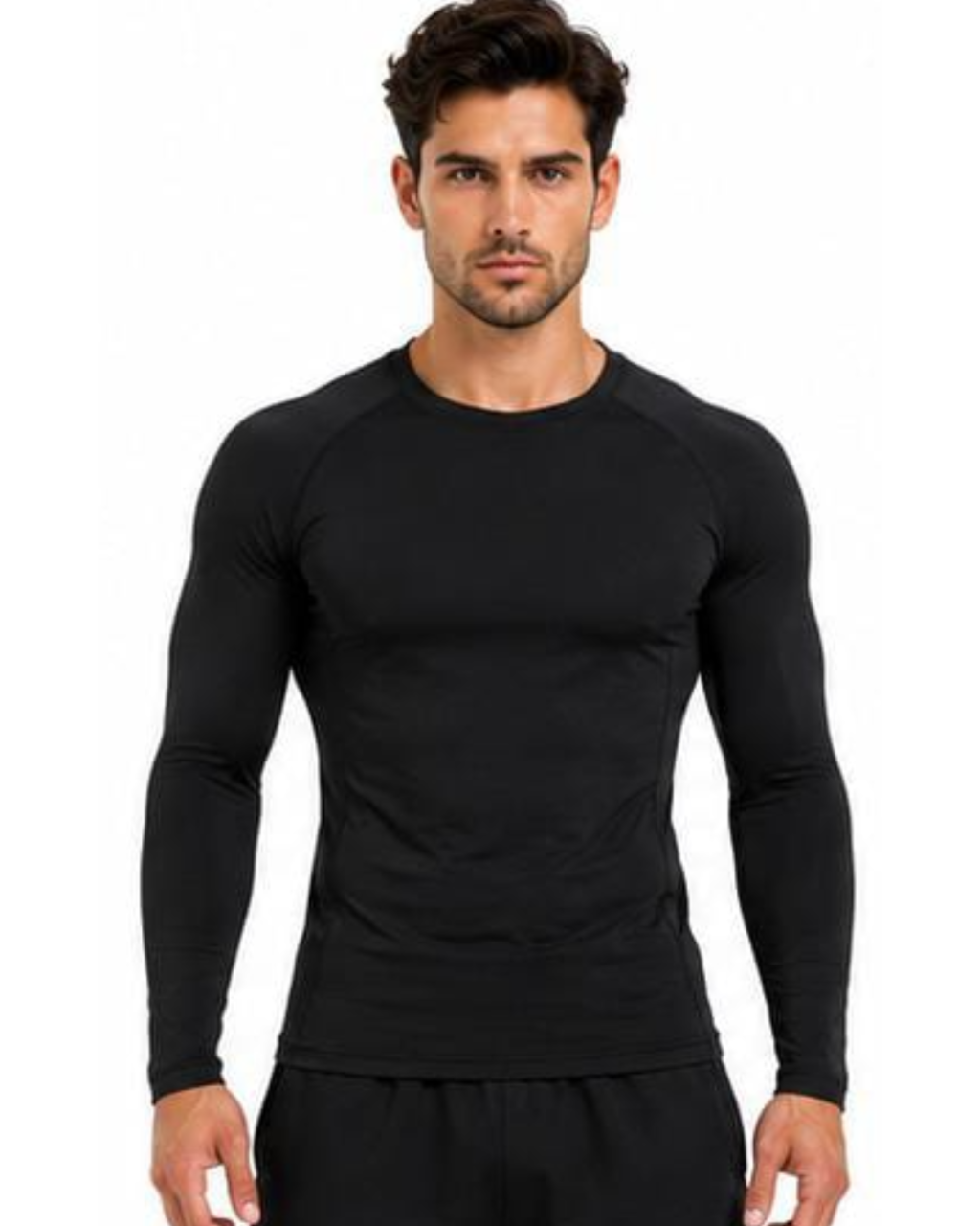 A muscular man wearing a tight-fitting black long-sleeve athletic shirt, shown from the waist up against a plain white background.