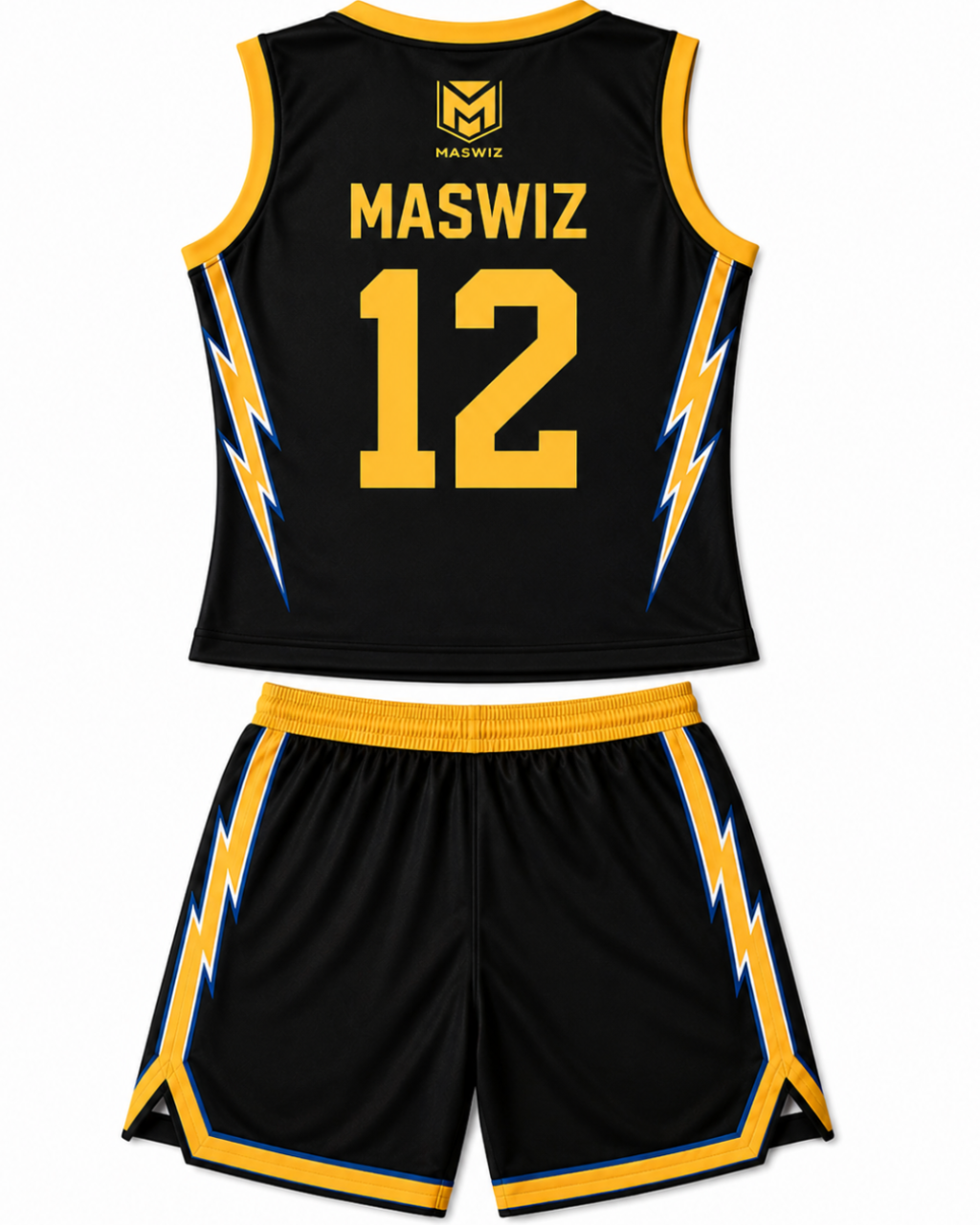 Black basketball jersey and shorts set with yellow accents and 'MASWIZ' branding on a white background.