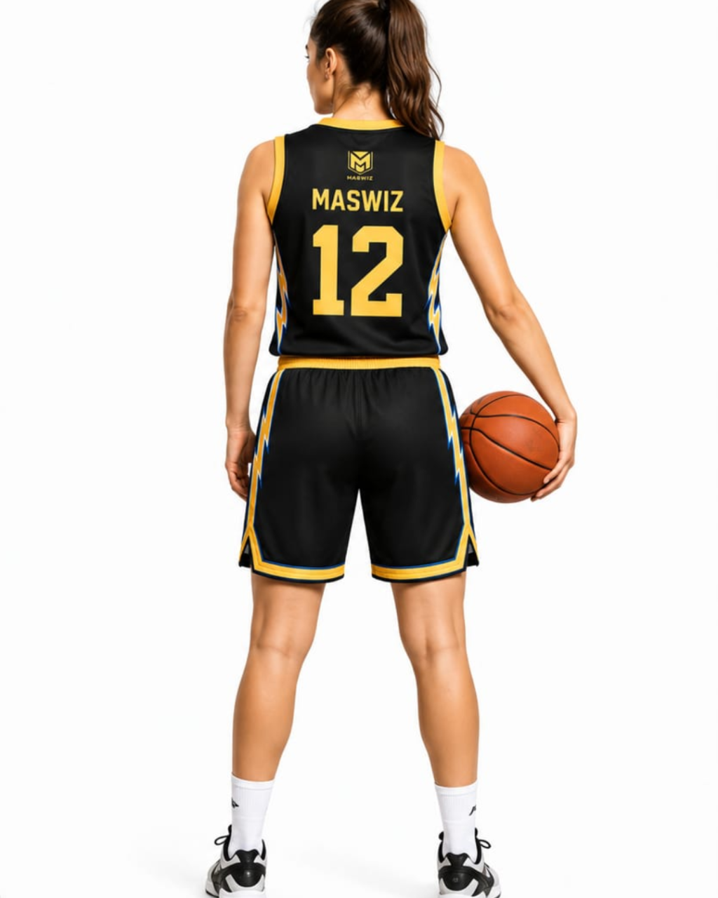 Person wearing a black and yellow basketball uniform with 'MASWIZ' and number '12', holding a basketball.