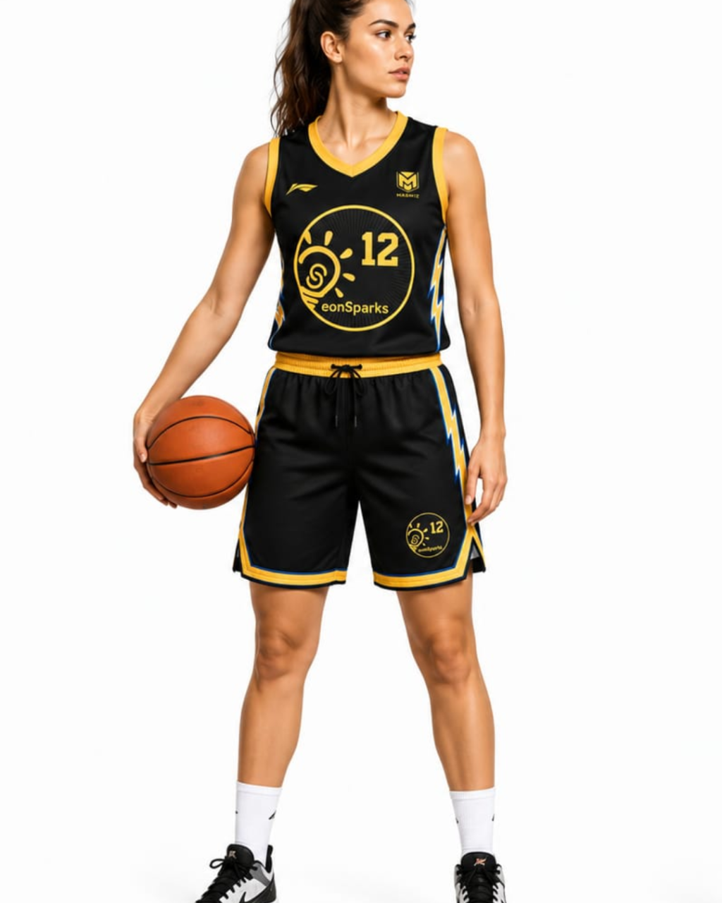 Person wearing a black and yellow basketball uniform with a ball on a white background