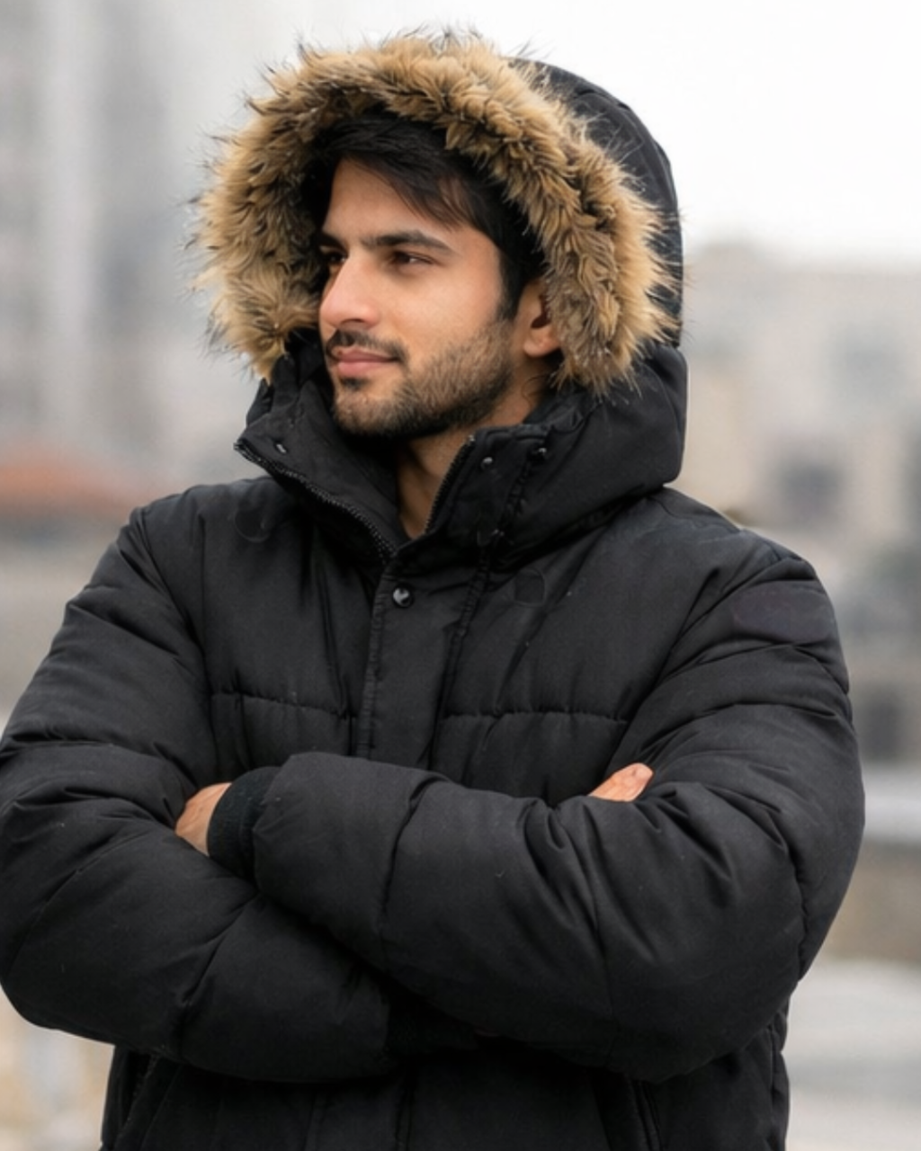 Man wearing a black winter coat with a fur-lined hood against an outdoor background
