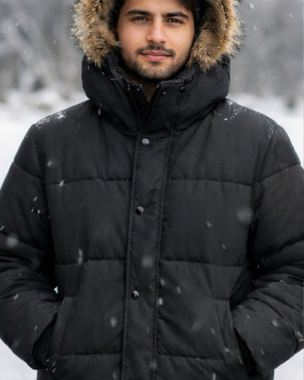 Man wearing a black puffer jacket with fur hood in a snowy landscape