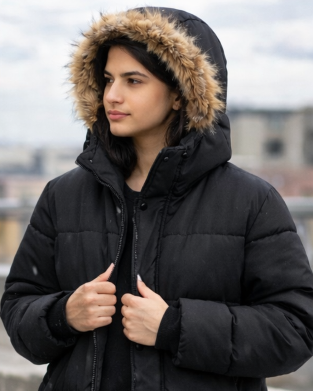 Person wearing a black puffer jacket with a fur-lined hood outdoors.