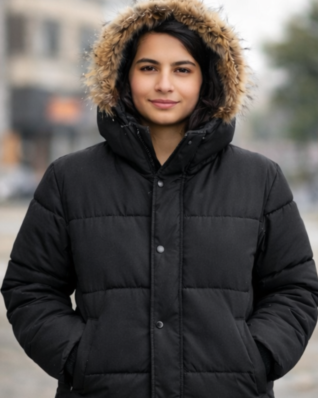 Person wearing a black puffer jacket with a fur-lined hood outdoors.