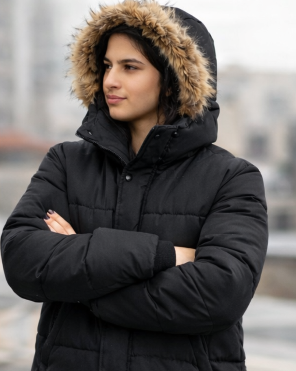 Person wearing a black winter coat with a fur-lined hood outdoors
