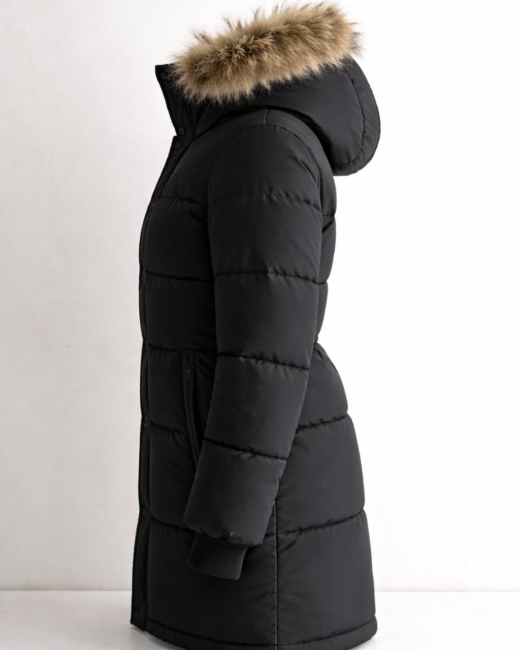 Black puffer coat with fur hood on a white background