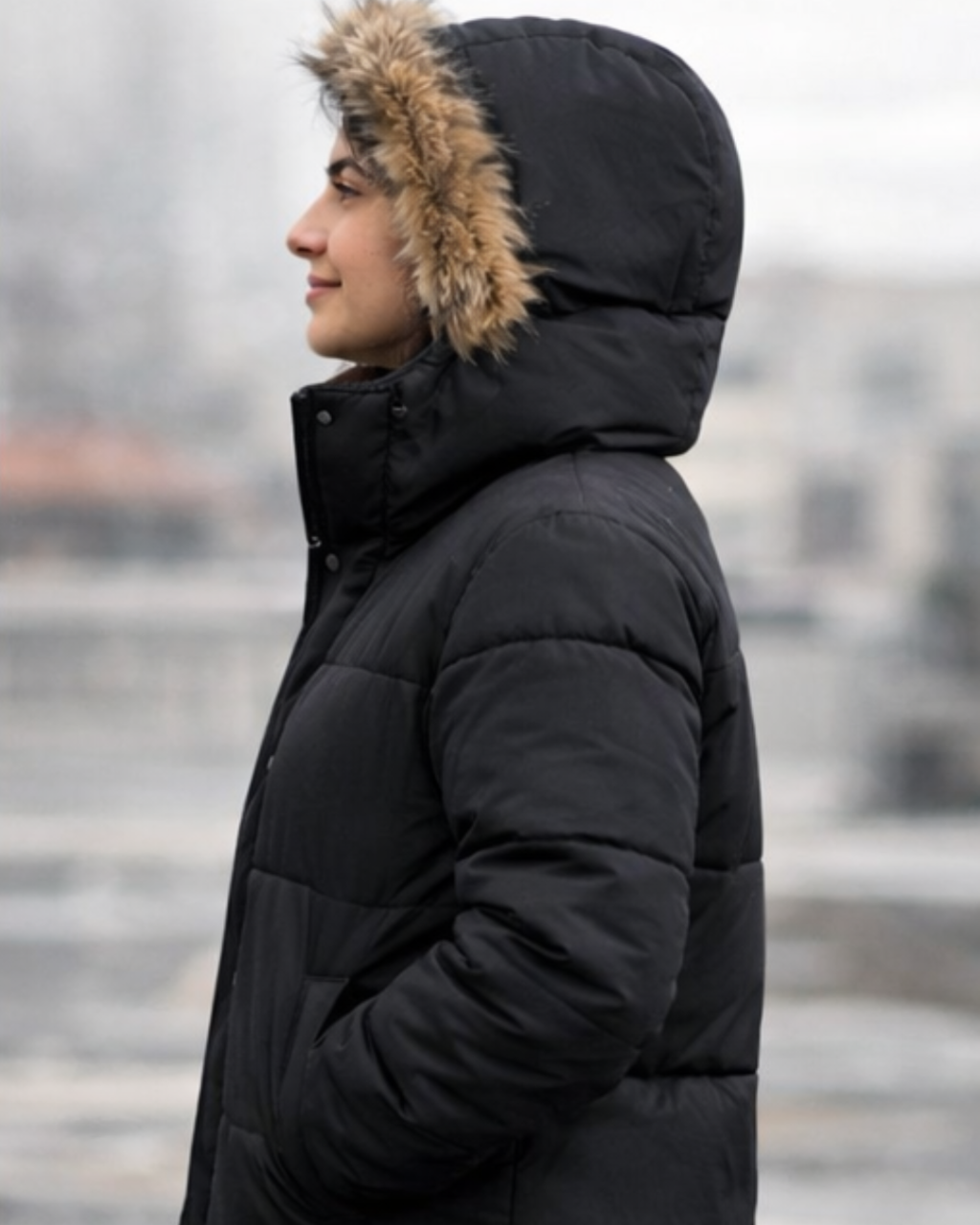 Person wearing a black puffer jacket with a fur-lined hood in an outdoor setting