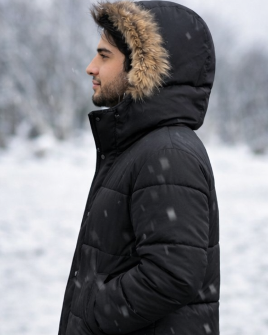 Man wearing a black winter coat with a fur-lined hood in a snowy landscape