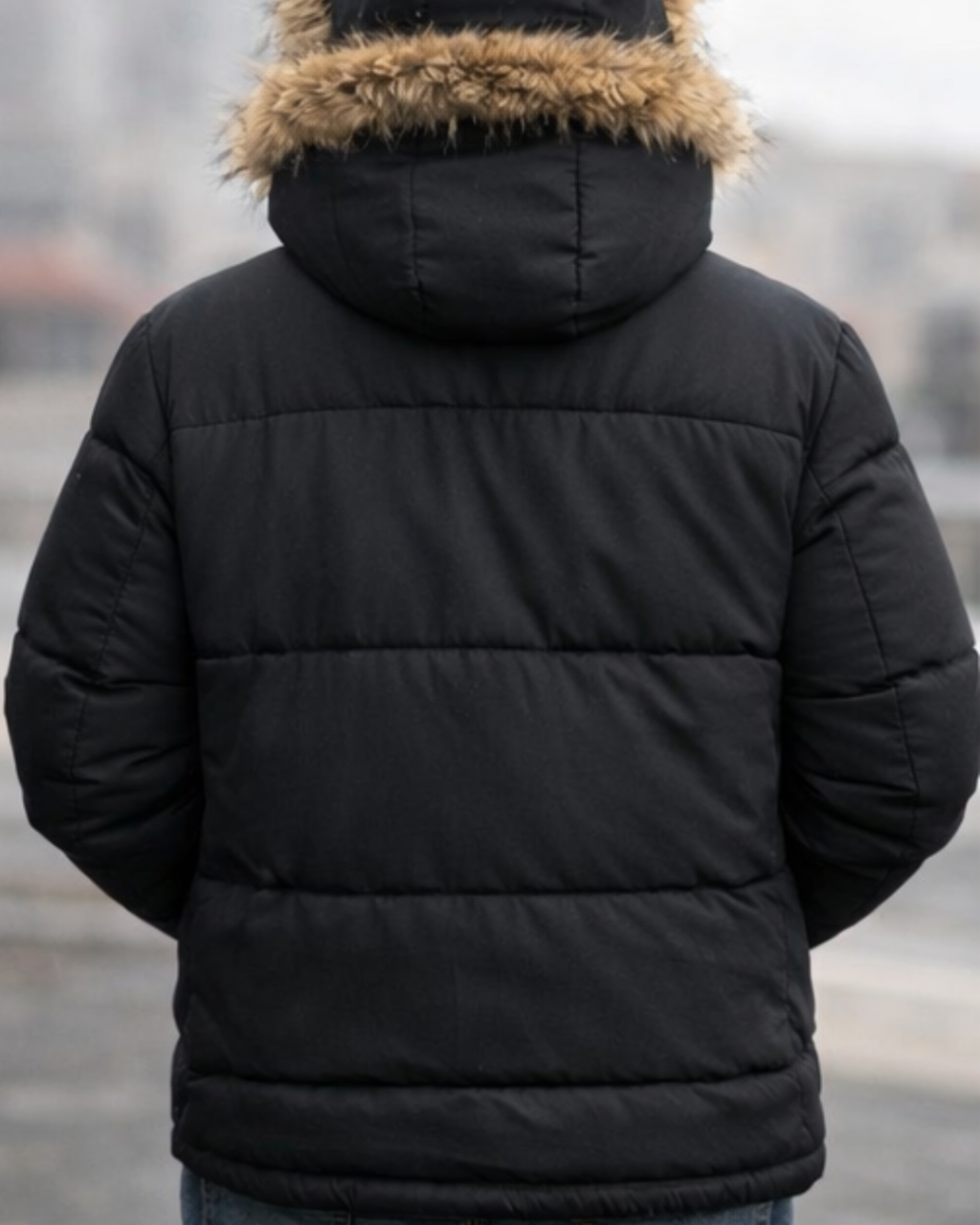 Person wearing a black puffer jacket with a fur-lined hood, standing outdoors.