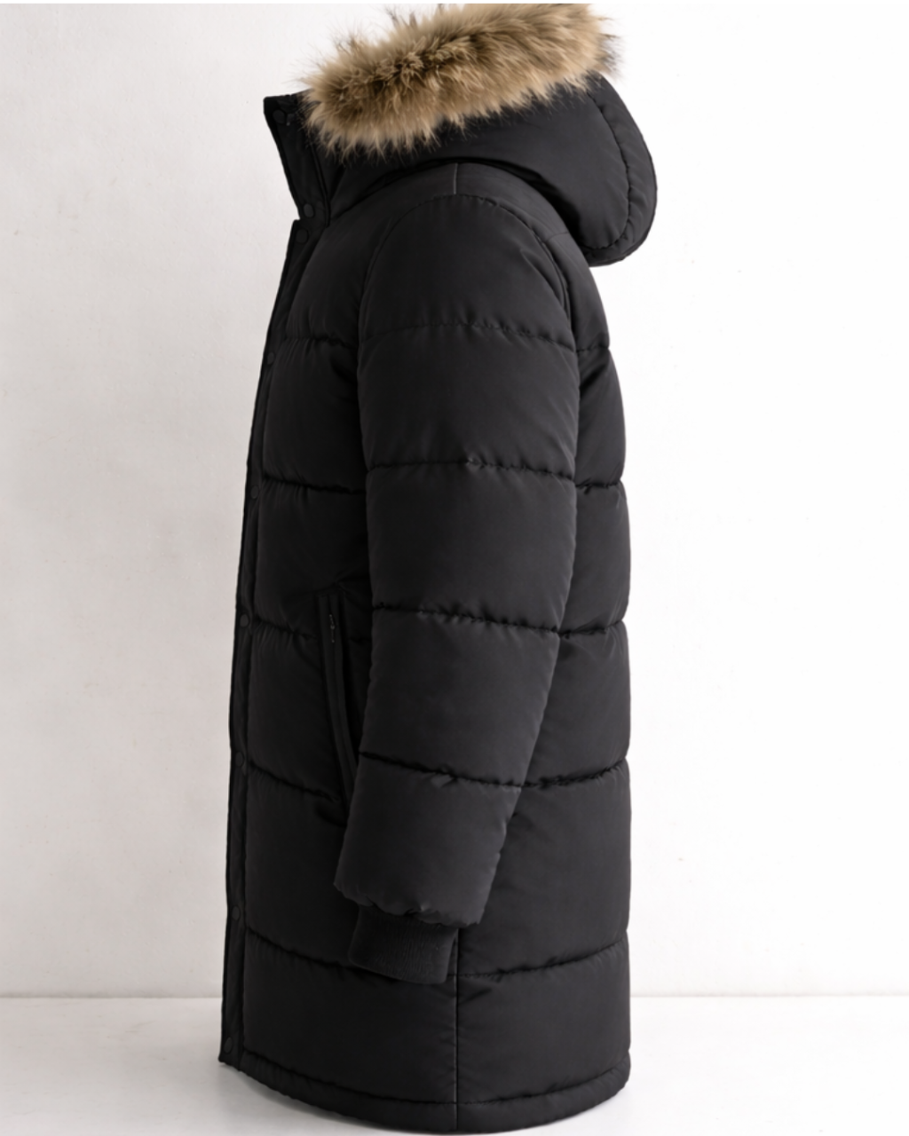 Black puffer coat with fur hood on a light gray background