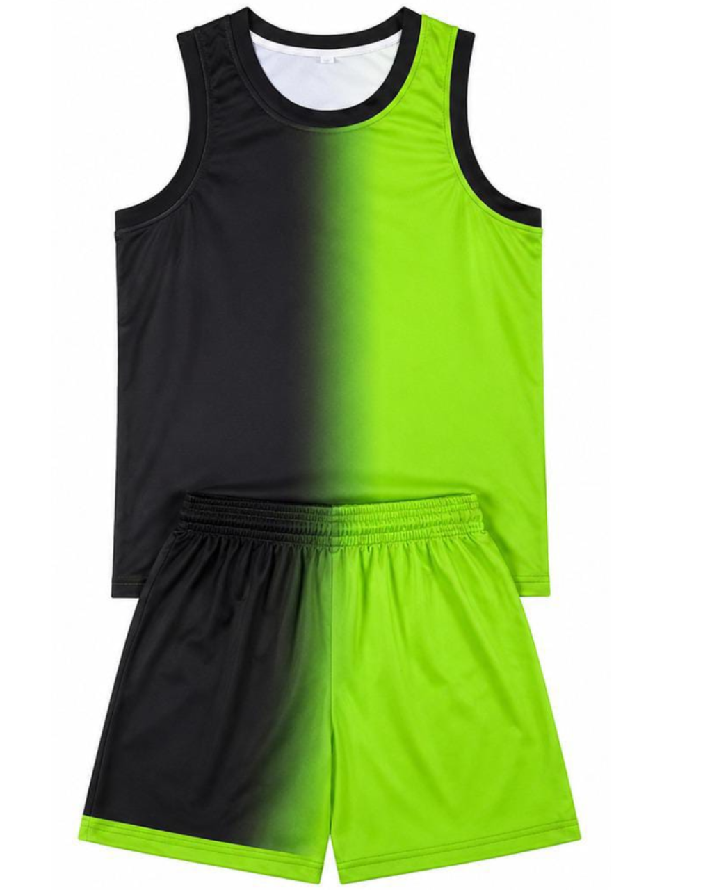 A two-piece athletic set consisting of a sleeveless tank top and matching shorts, featuring a black-to-lime green gradient design on a white background.