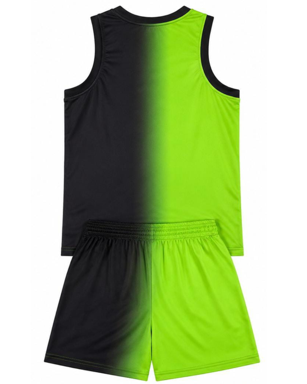 A two-piece athletic uniform set consisting of a sleeveless tank top and matching shorts, featuring a black-to-neon-lime green gradient design on a white background.