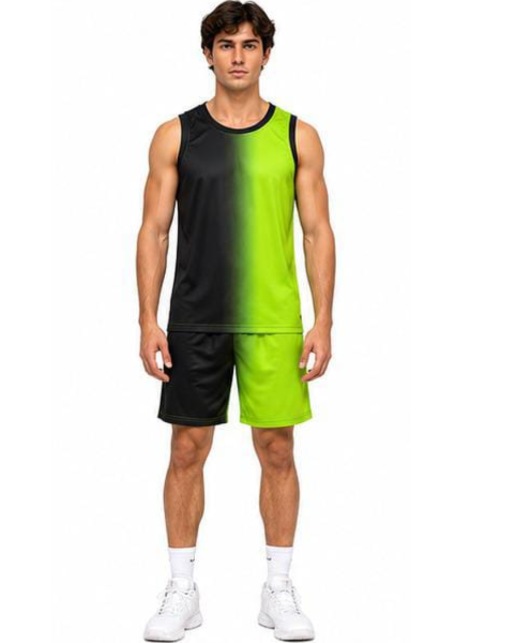 A man modeling a sleeveless athletic tank top and matching shorts set with a black-to-lime green color-block design, shown against a plain white background.