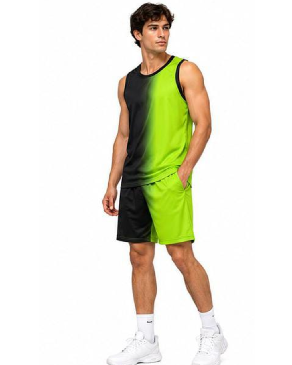 A man modeling a sleeveless athletic tank top and matching shorts set with a black-to-lime green gradient design, paired with white socks and sneakers, on a plain white background.