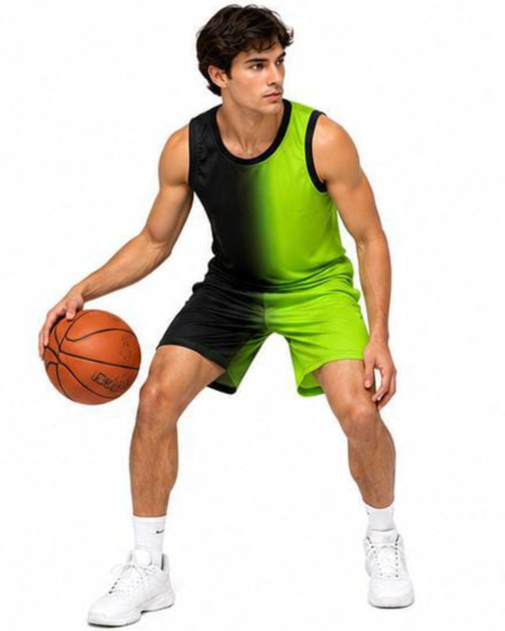 A man modeling a sleeveless athletic jersey and matching shorts with a black-to-lime green gradient, holding a basketball against a plain white background.