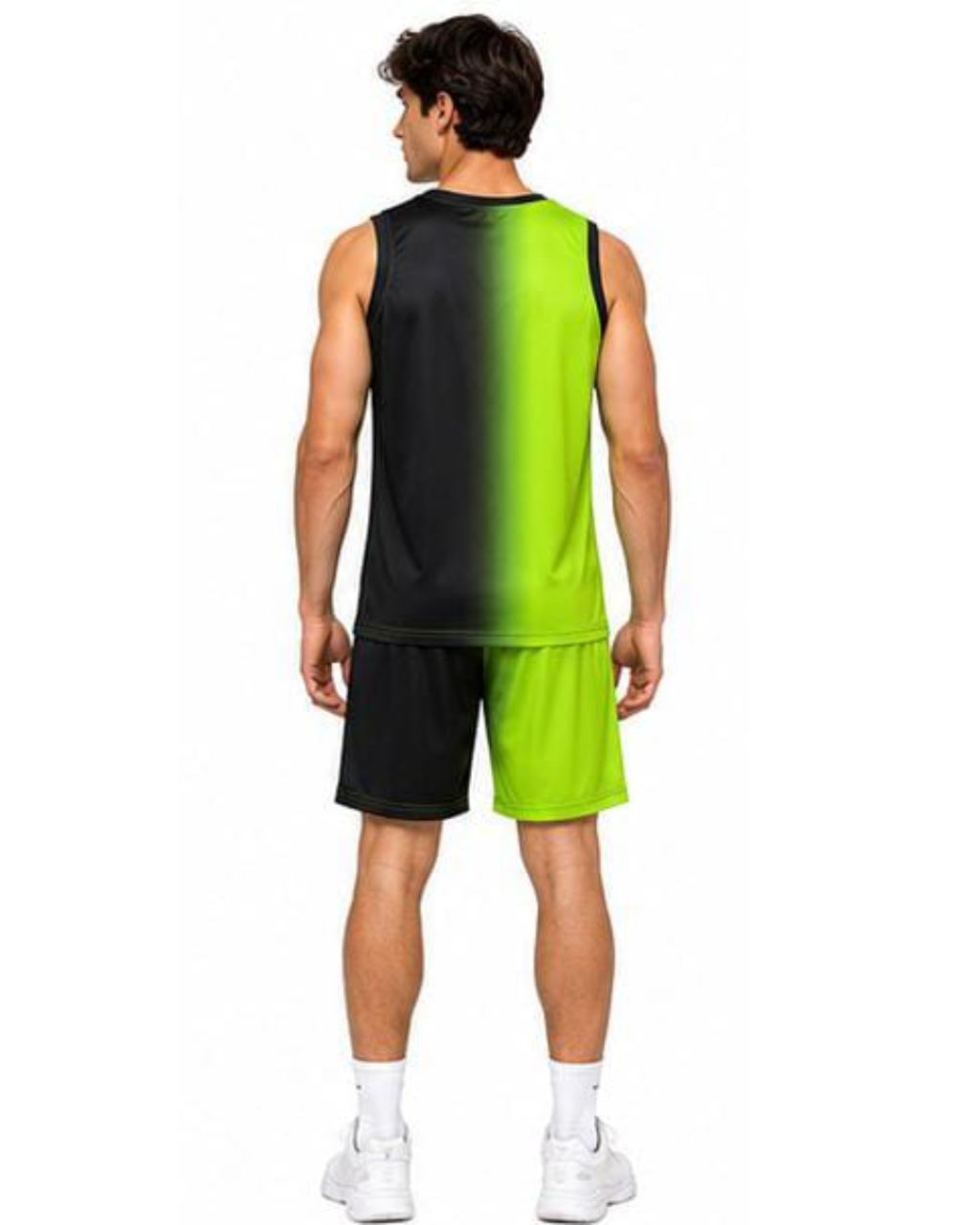 A man shown from the back wearing a sleeveless athletic tank top and matching shorts with a black-to-lime green color-block design, photographed against a plain white background.