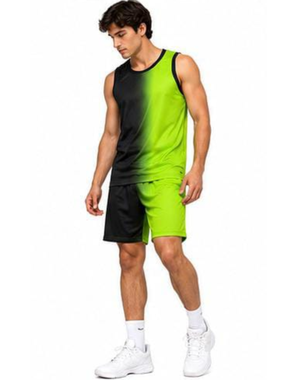 A man modeling a sleeveless athletic tank top and matching shorts set with a black-to-lime green gradient, paired with white socks and sneakers, on a plain white background.