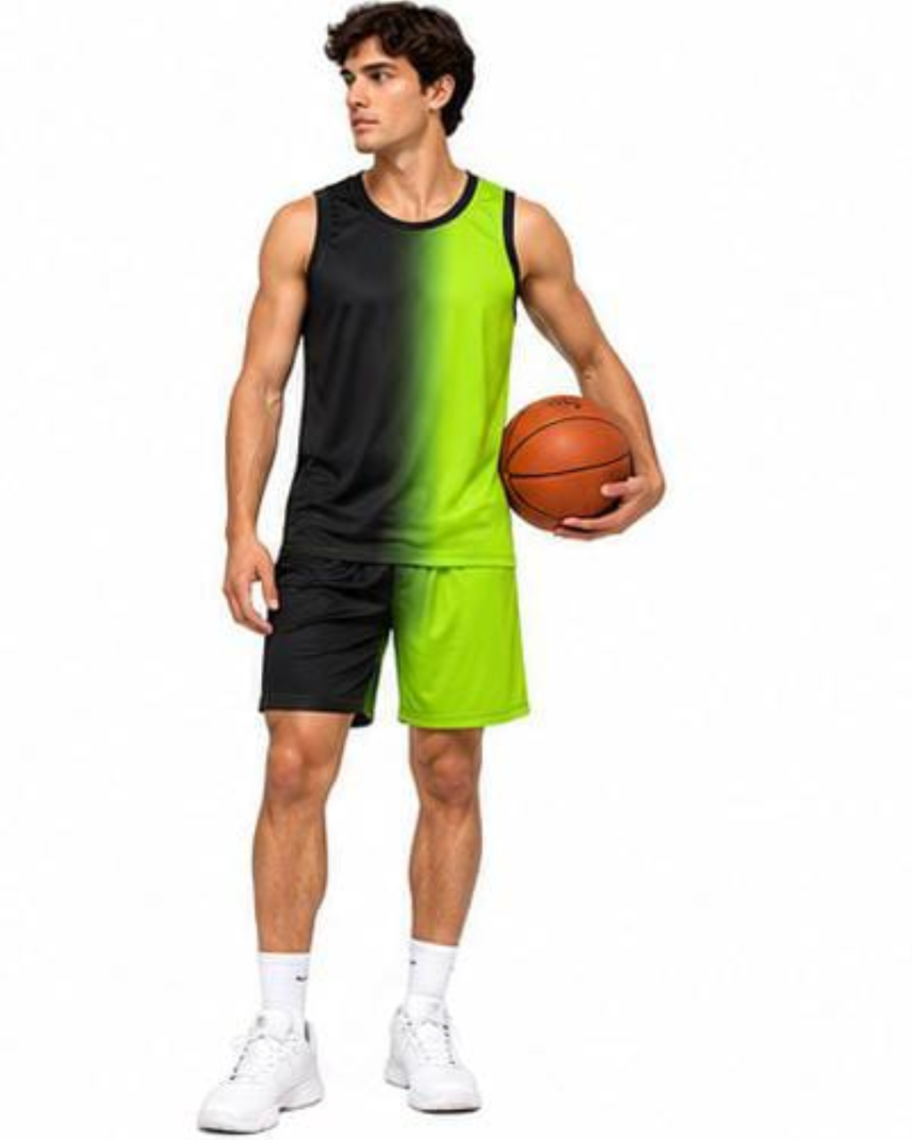 A man modeling a sleeveless black-to-lime green gradient basketball jersey with matching black shorts, holding a basketball against a plain white background.