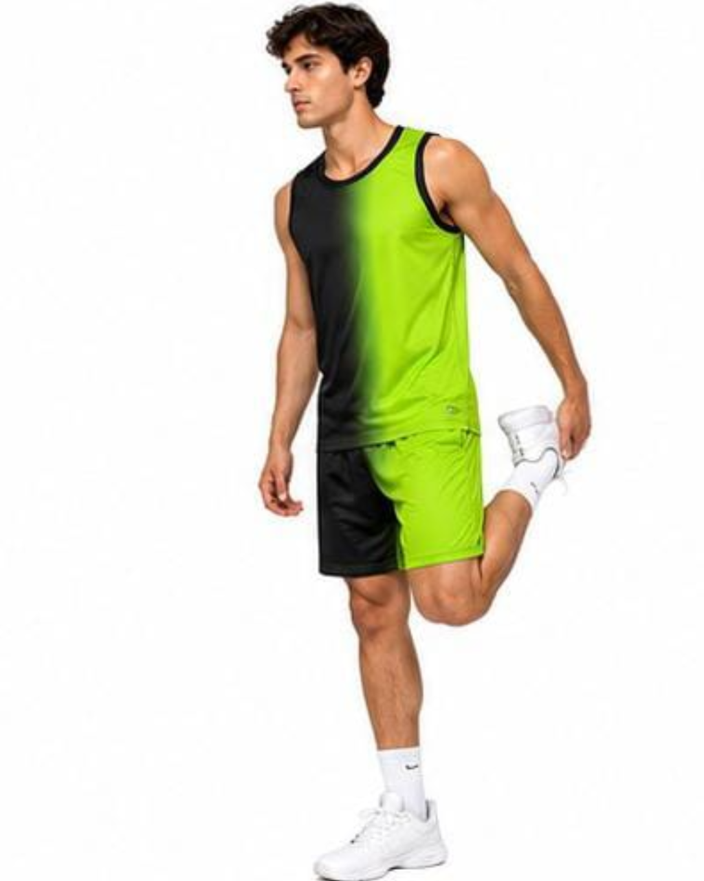 A man modeling a sleeveless athletic tank top and matching shorts set with a black-to-lime green gradient, paired with white socks and sneakers, against a plain white background.