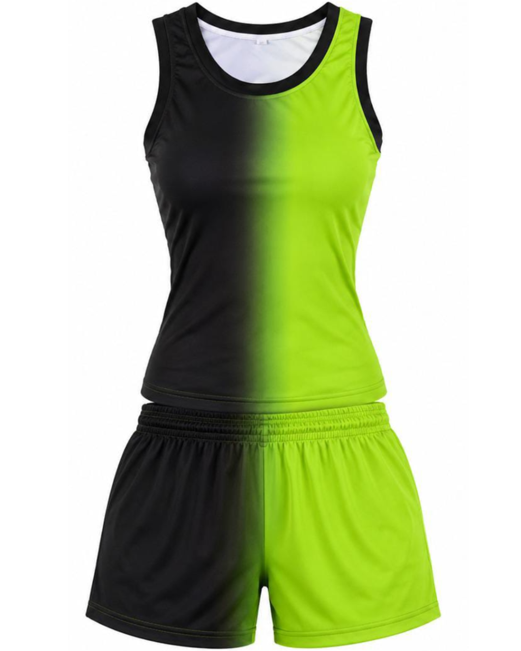 A sleeveless athletic tank top and matching shorts set with a black-to-lime green gradient design, shown on a plain white background.