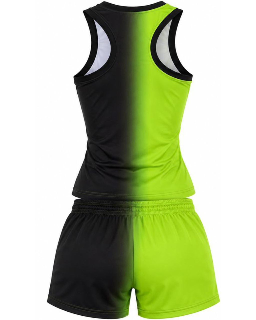 A sleeveless athletic tank top and matching shorts set with a vertical color-block design in black and bright neon yellow-green, shown on a plain white background.