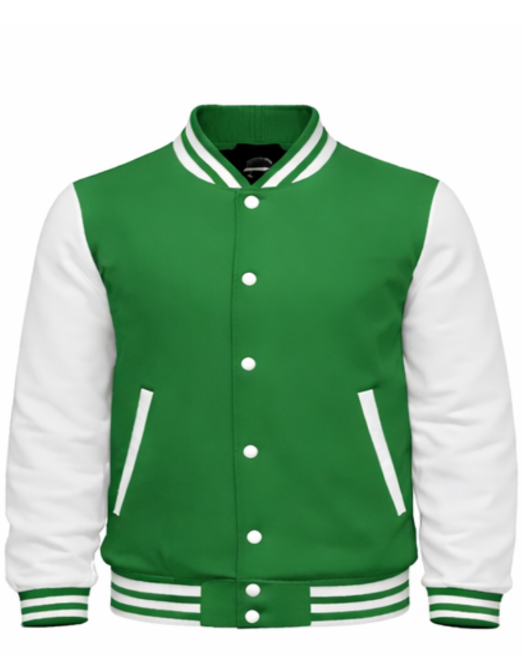 Green and white varsity jacket on a white background