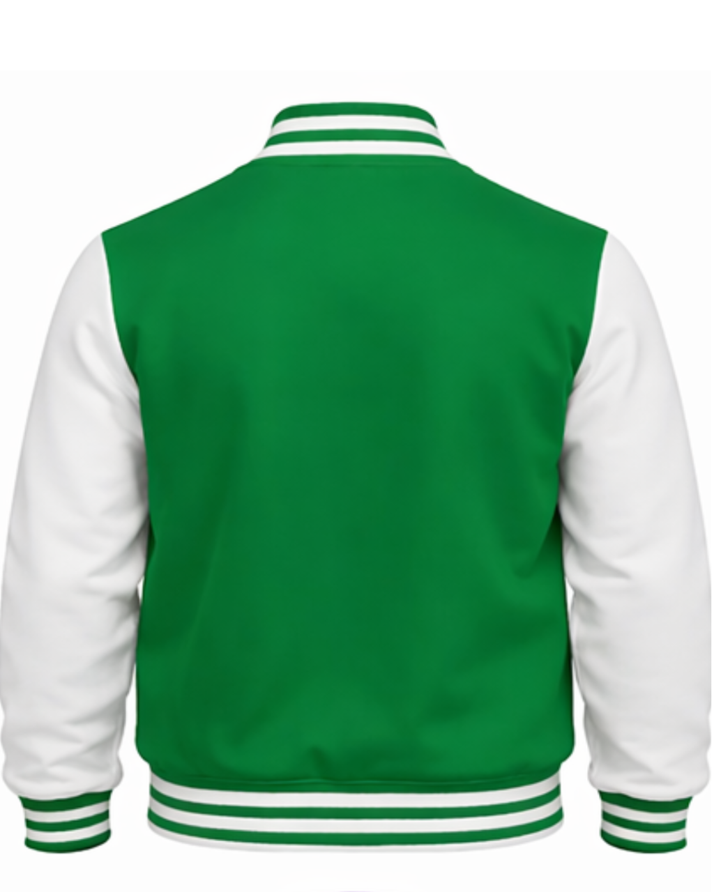 Green and white varsity jacket on a white background