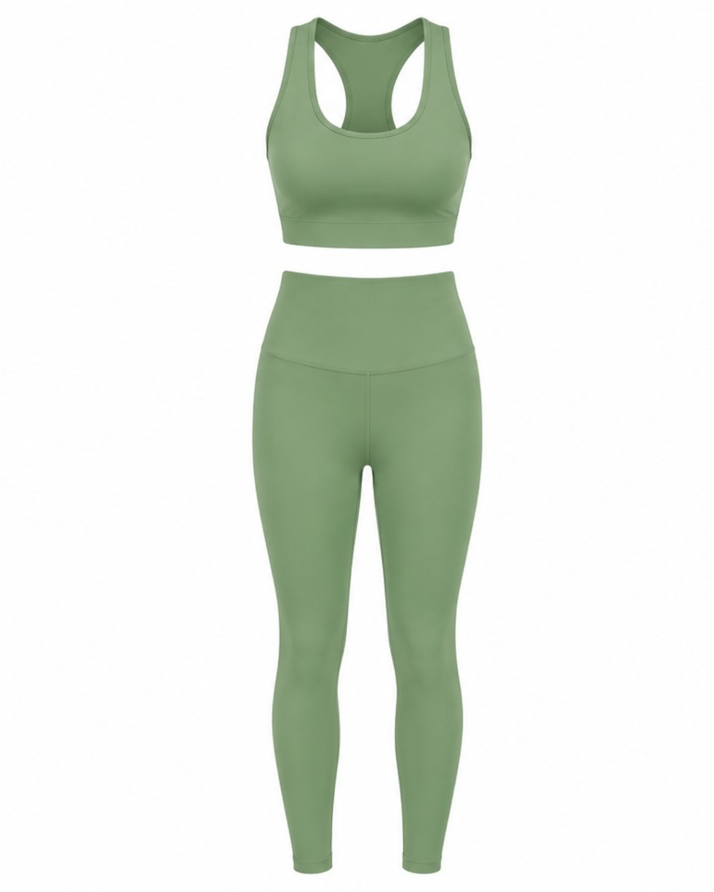 A two-piece athletic set in sage green, featuring a racerback sports bra and matching high-waisted leggings, shown on a plain white background.