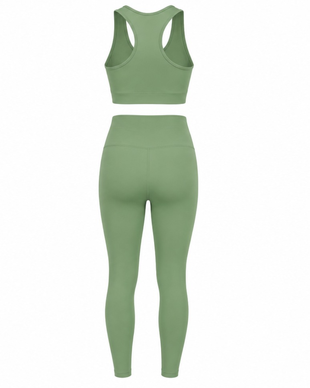 A sage green two-piece activewear set featuring a racerback sports bra and high-waisted leggings, shown from the back on a plain white background.