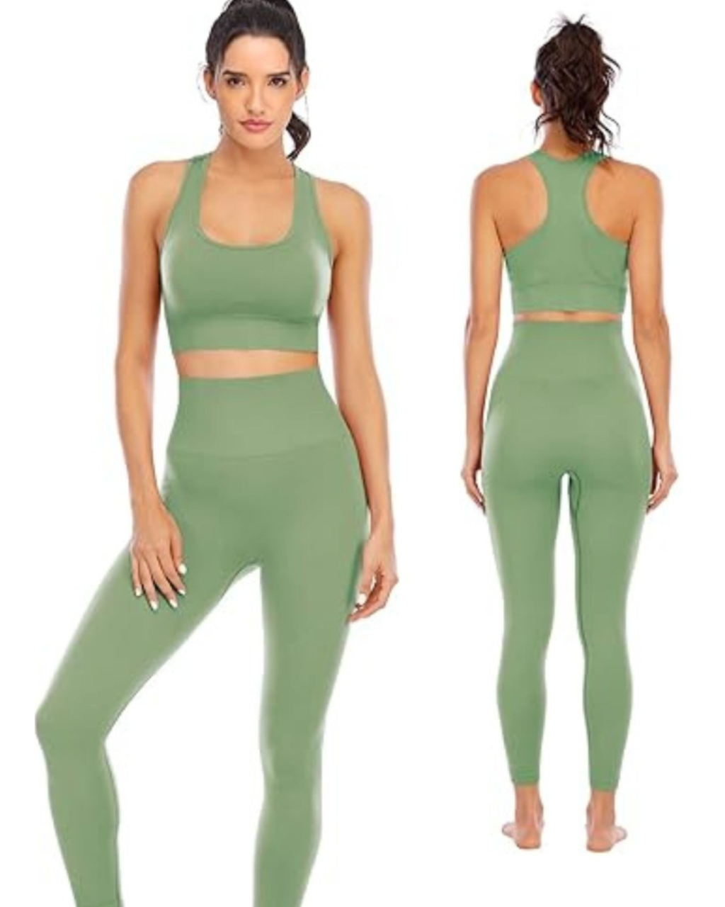 A woman modeling a matching sage green activewear set, showing both front and back views. The set includes a sports bra and high-waisted leggings, photographed against a plain white background.