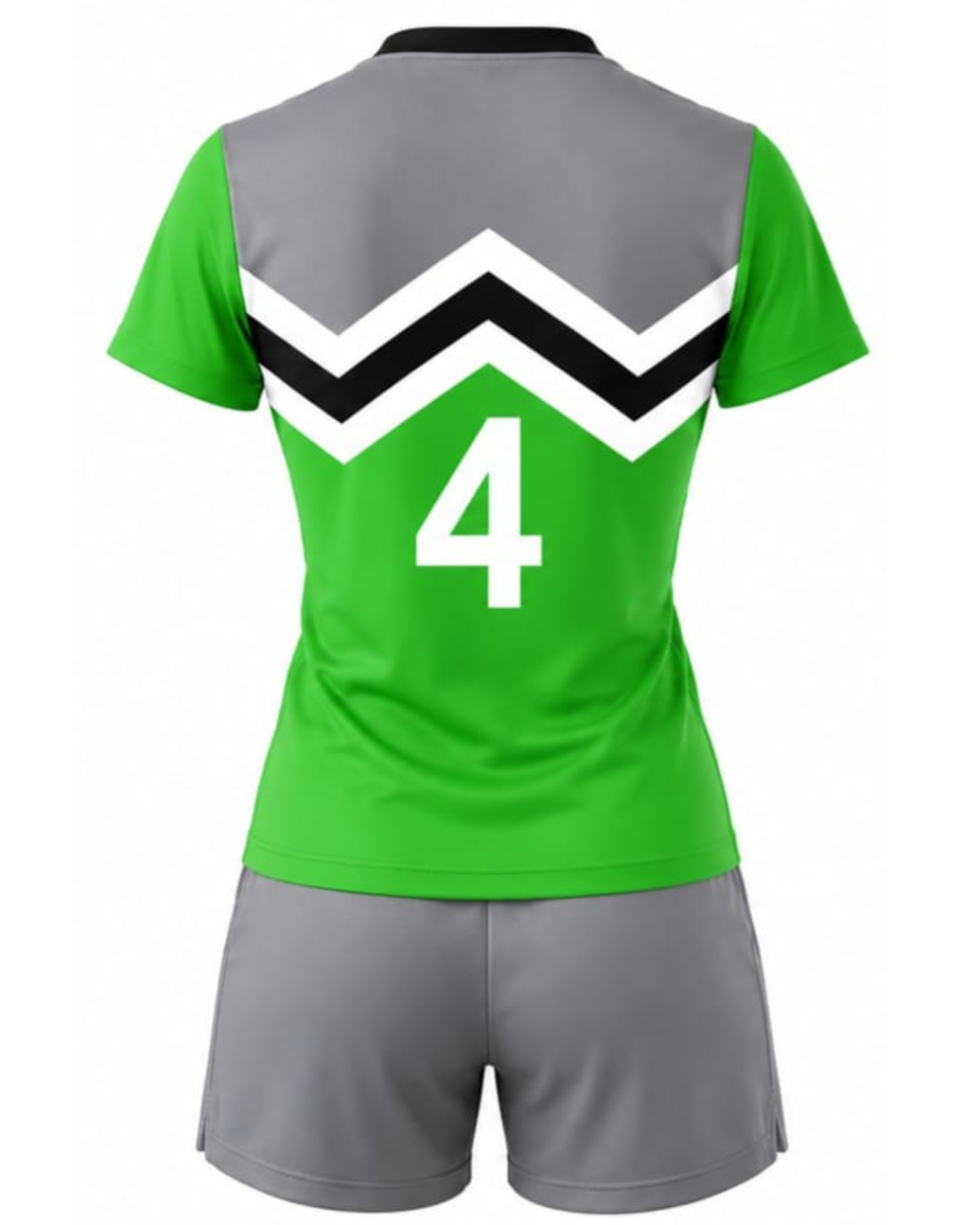 A women's athletic jersey and shorts set shown from the back. The jersey is bright green with a gray yoke, a black and white chevron pattern across the upper back, and the number 4 in white.