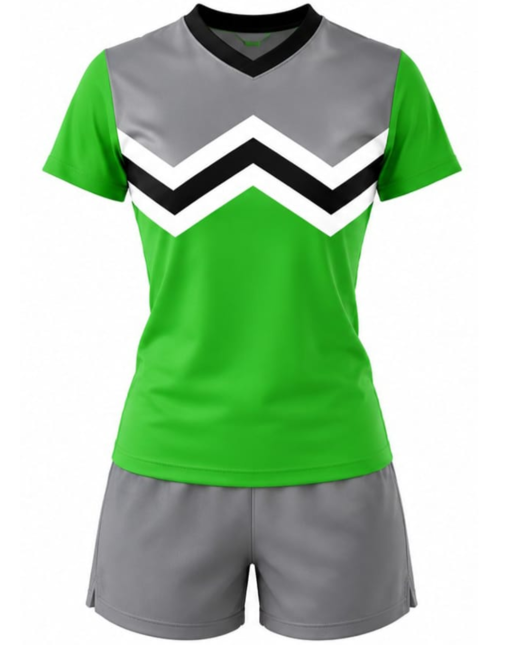 A women's athletic uniform set consisting of a short-sleeve V-neck jersey top and matching shorts. The jersey features a bright green body, gray shoulder panels, and a bold white and black chevron pattern across the chest.