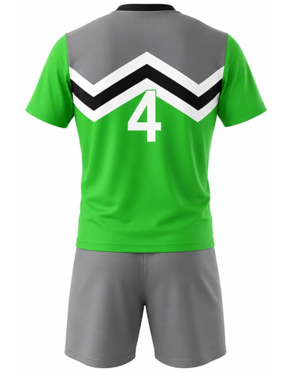A soccer jersey and shorts set shown from the back, featuring a bright green jersey with a gray yoke, a black and white chevron pattern, and the number 4, paired with matching gray shorts.