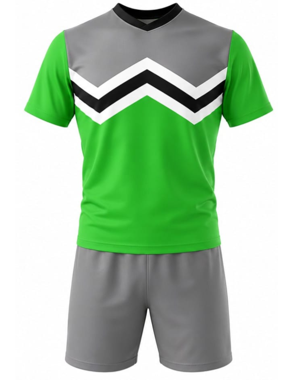 A soccer jersey and shorts set featuring a bright green shirt with a gray yoke, a black, white, and gray chevron pattern across the chest, and matching gray shorts.