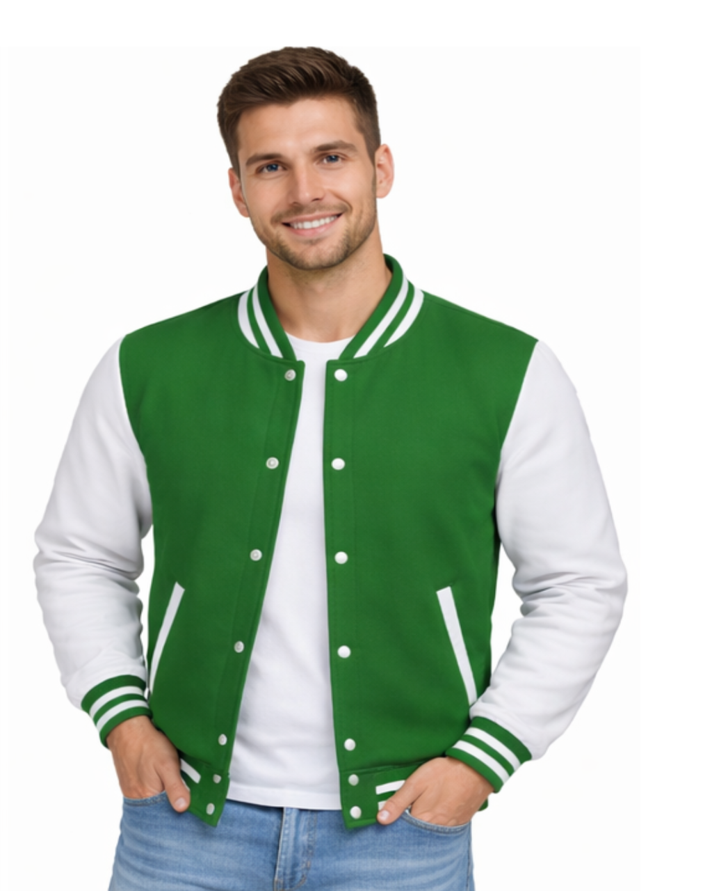 Premium Green Varsity Jacket with White Sleeves for Men & Women | Classic Bomber Jacket