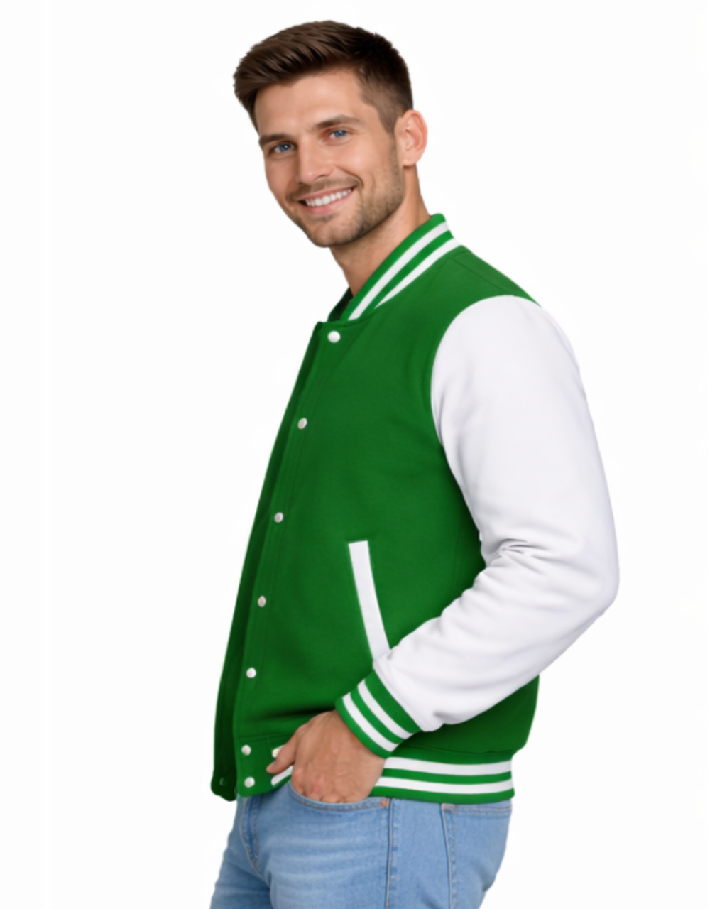 Premium Green Varsity Jacket with White Sleeves for Men & Women | Classic Bomber Jacket