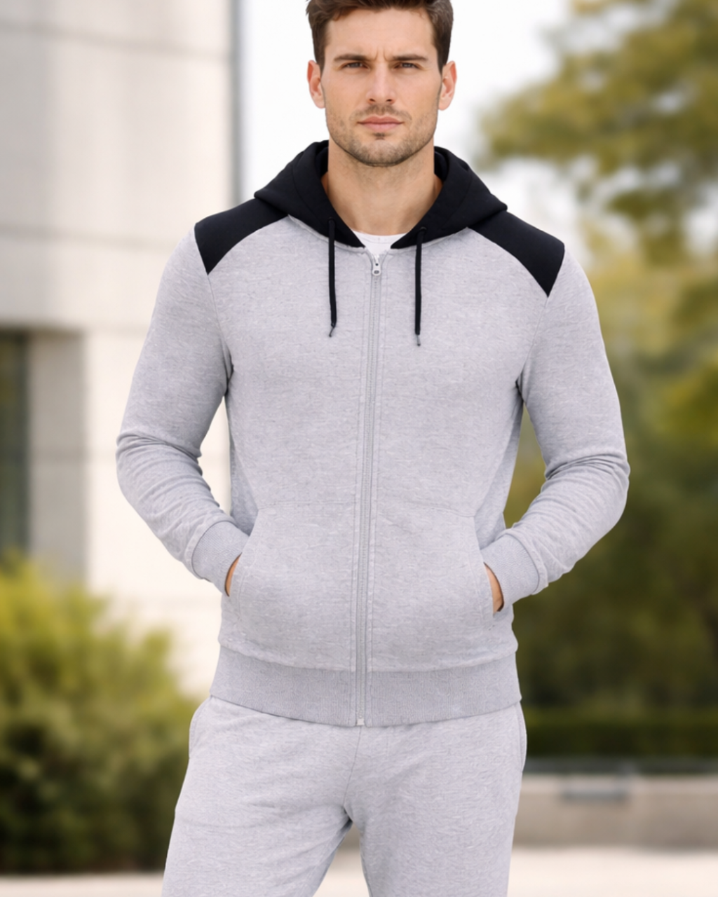 Man wearing a gray and black hoodie with matching pants outdoors.