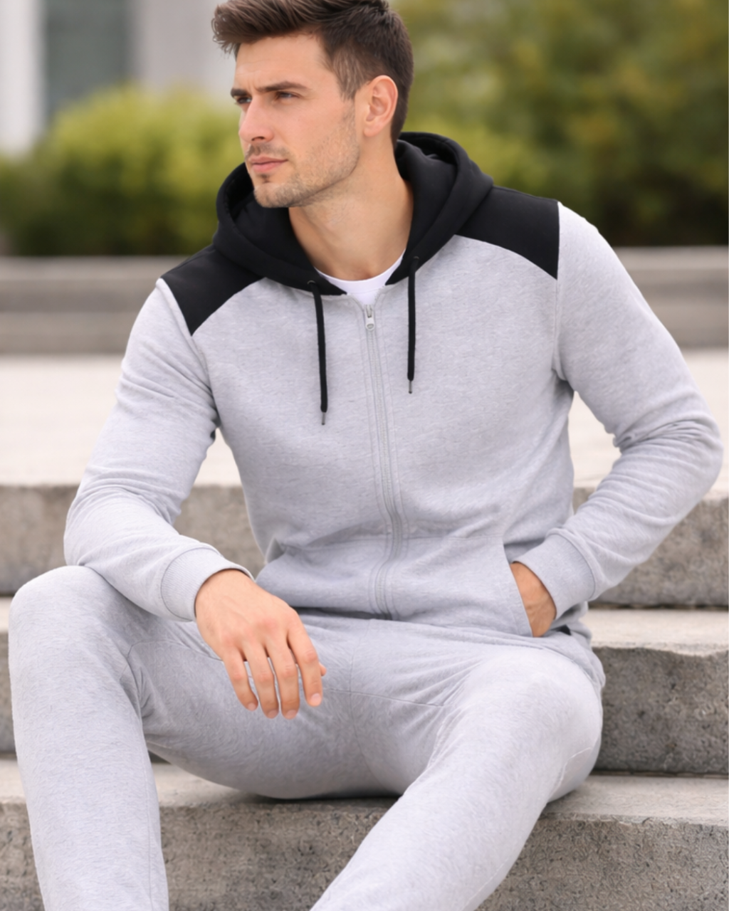 Man wearing a gray and black hoodie sitting on steps outdoors