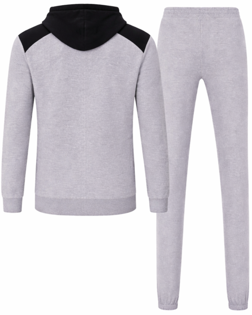 Gray tracksuit with black hood on a white background