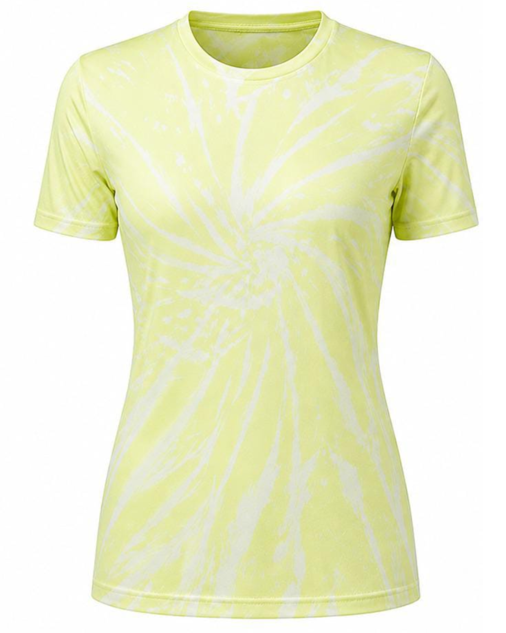 A women's short-sleeve crewneck t-shirt featuring a yellow and white spiral tie-dye pattern, displayed on a clean white background.