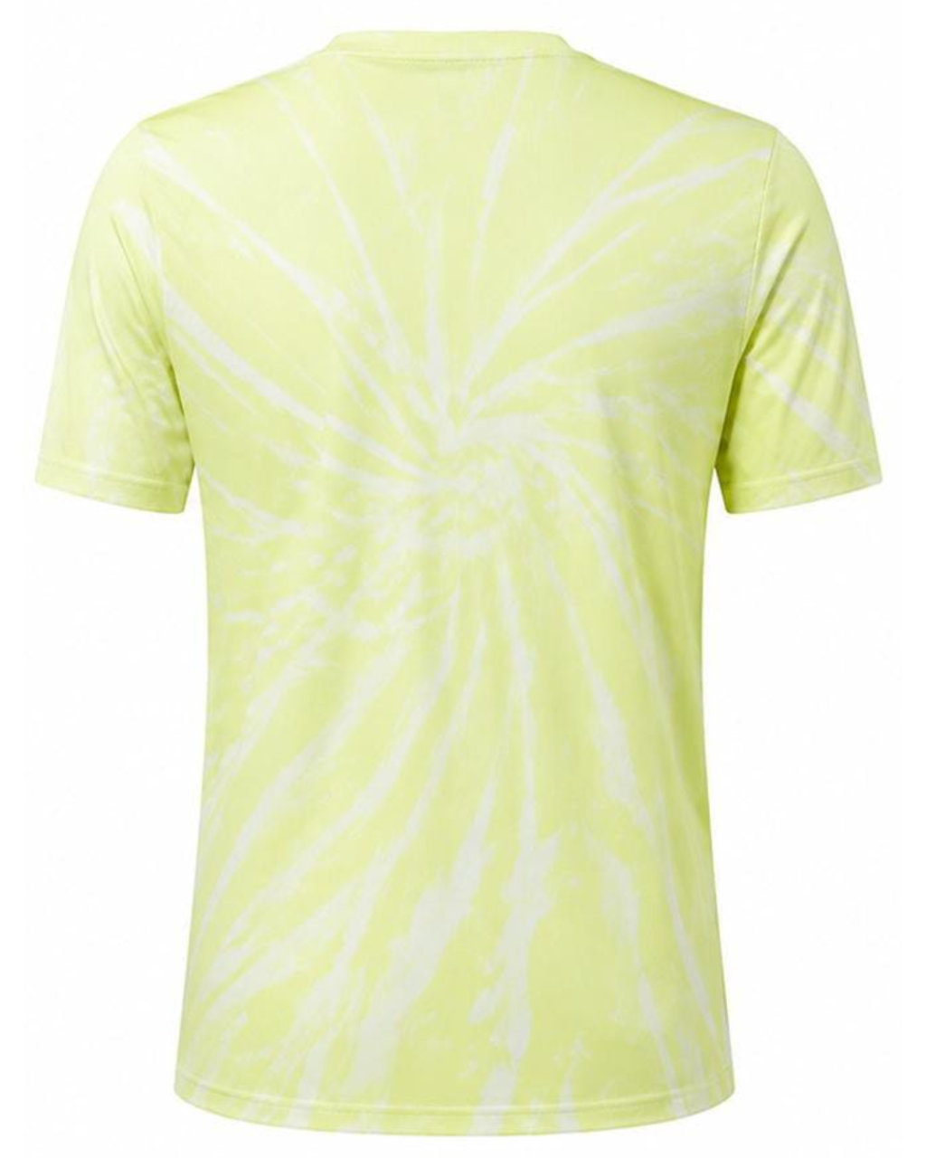 A short-sleeve crewneck t-shirt with a light yellow and white tie-dye burst pattern on the back, shown against a plain white background.