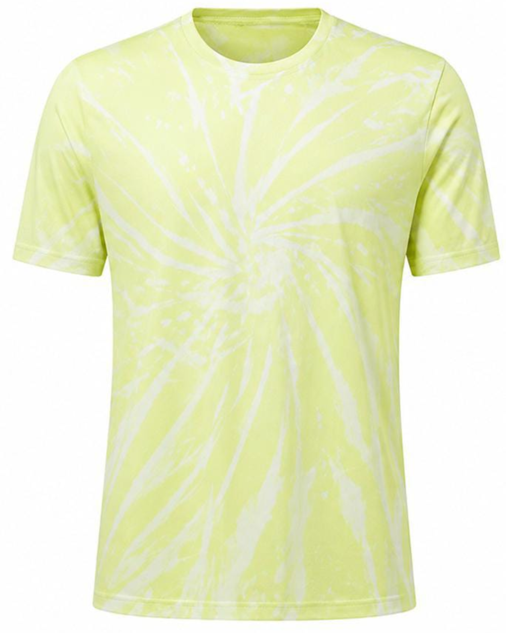 A short-sleeve crewneck t-shirt featuring a light yellow-green and white spiral tie-dye pattern, displayed on a clean white background.