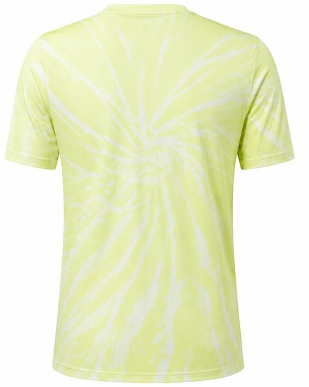 A short-sleeve crewneck t-shirt featuring a white tie-dye spiral pattern on a pale yellow-green base, shown from the back against a plain white background.