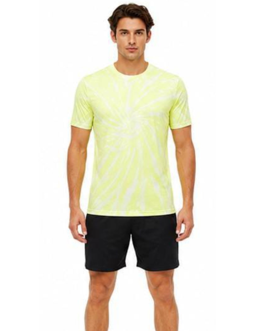 A man modeling a short-sleeve crewneck t-shirt with a neon yellow and white spiral tie-dye pattern, paired with black athletic shorts, against a plain white background.