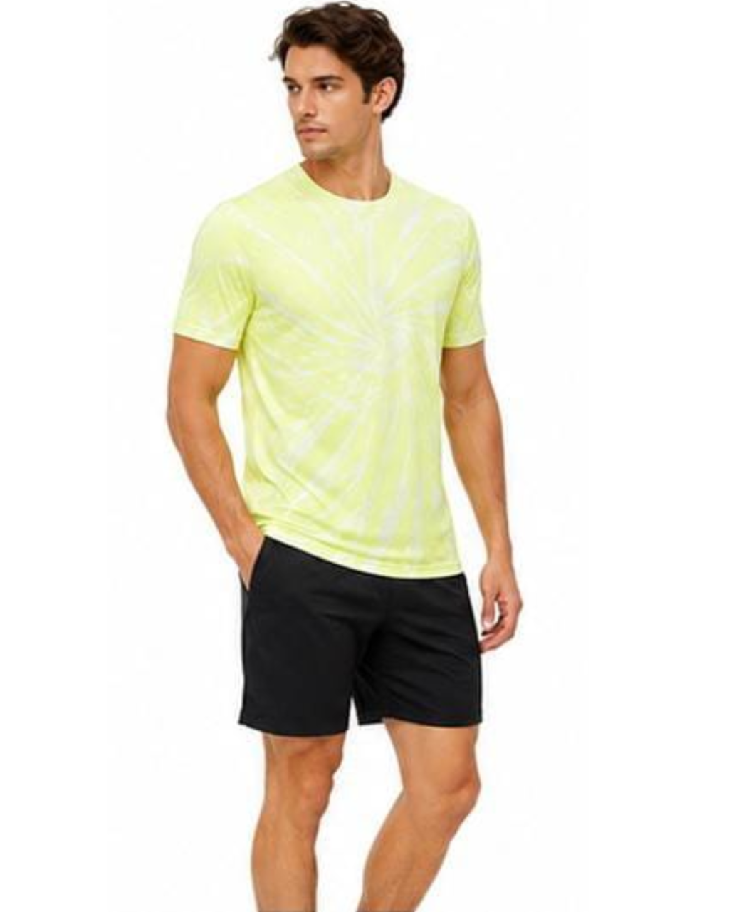 A man wearing a neon yellow-green tie-dye t-shirt and black athletic shorts, standing against a plain white background.