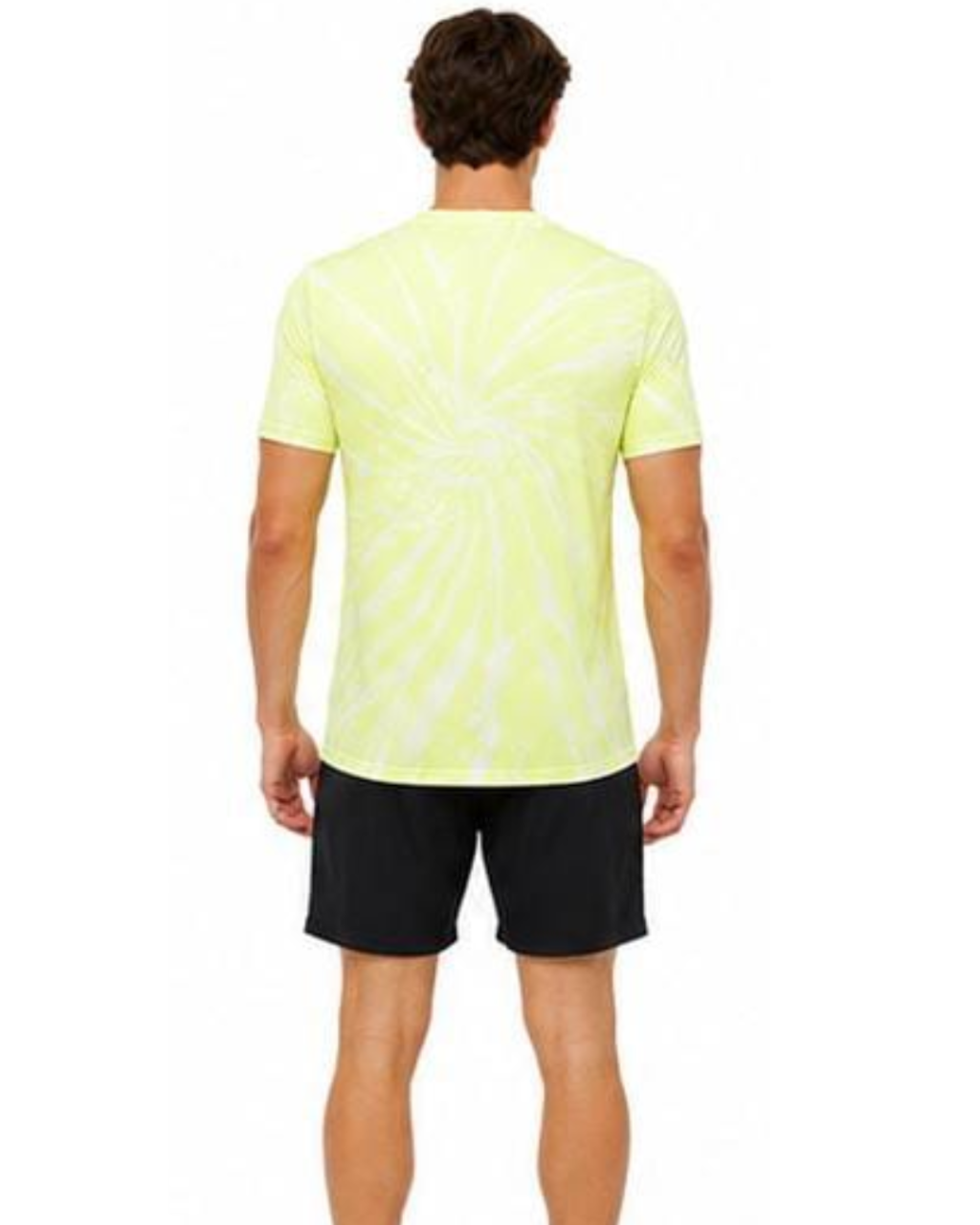 A man viewed from the back wearing a neon yellow-green tie-dye t-shirt with a white spiral pattern and black athletic shorts, set against a plain white background.
