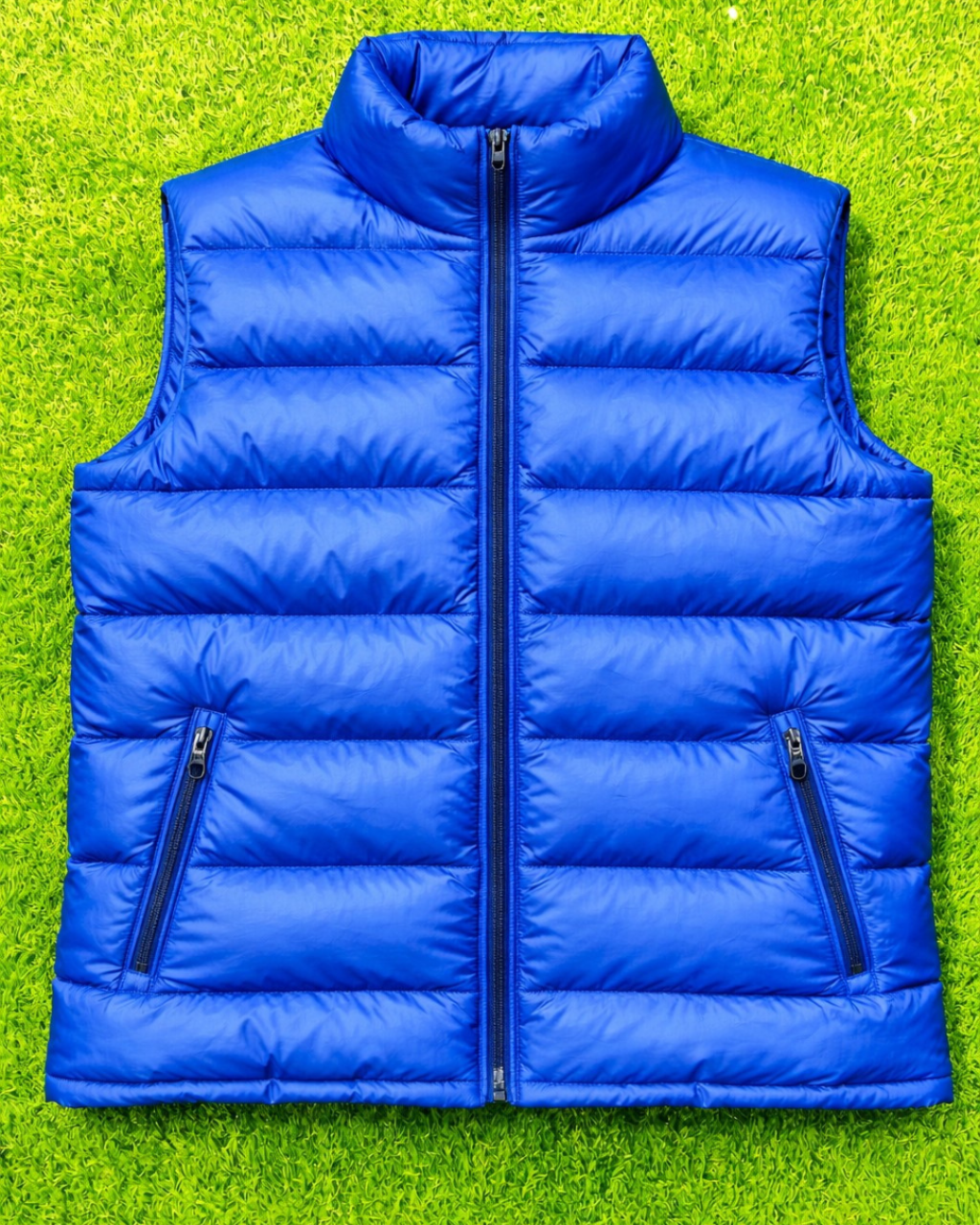 Blue puffer vest on a green grass background MI-01