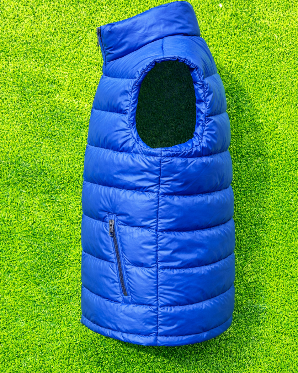 Blue puffer vest on a green grass background MI-02